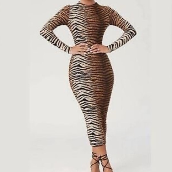 Meshki Tiger Animal Print Bodycon Midi Dress size Medium - Picture 1 of 10
